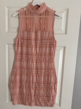 Sleeveless Pink Lace Mock Neck Dress